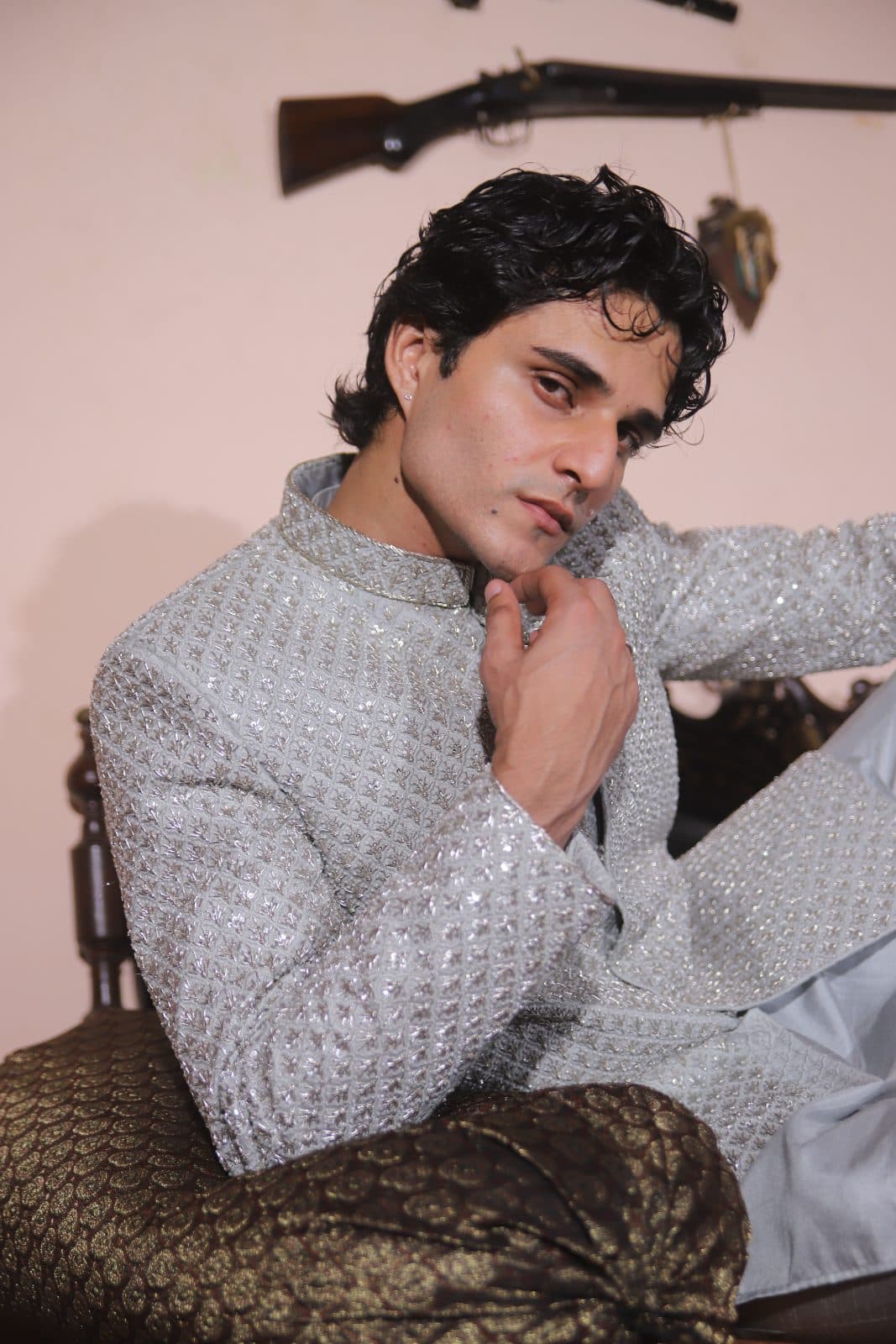 Kudmayi Chandni silver prince coat with dense tonal embroidery, styled with an ivory kurta and trousers.