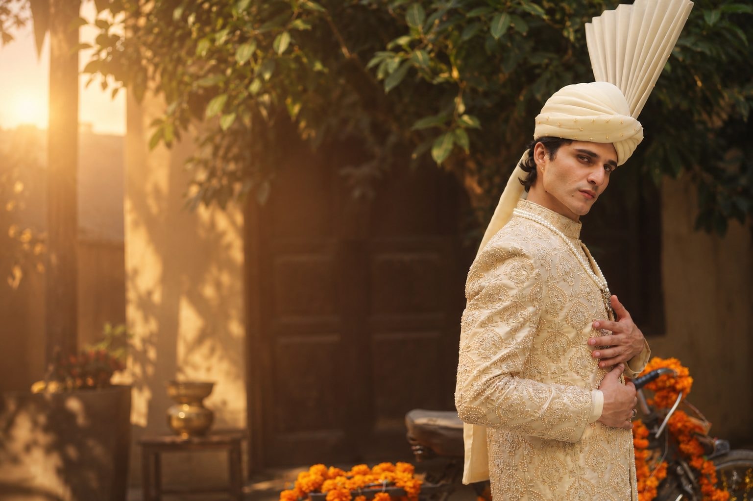 Groom in a white embroidered sherwani with a red turban and scarf